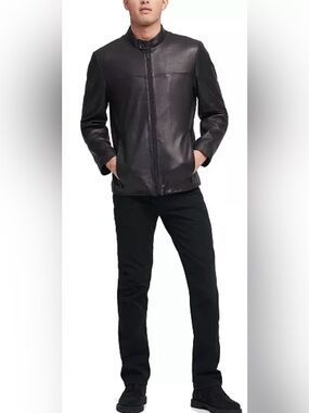 Men's Classic Black Leather Racer Jacket - Timeless Zip Front NWT retail $595
